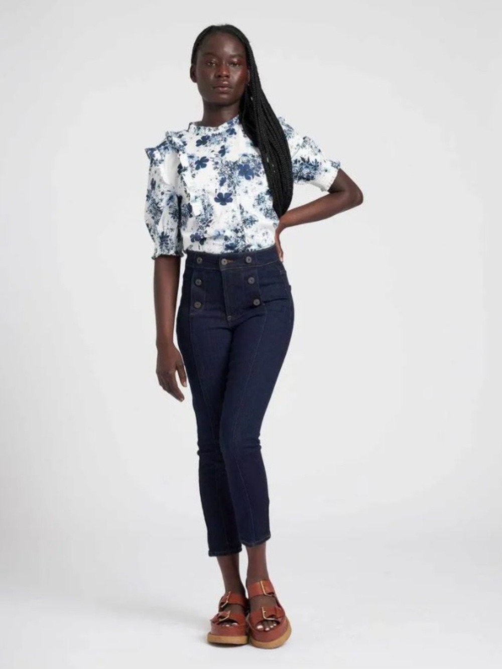 Universal Standard Mid Rise Dark Jeans Preppy Nautical Button Detail